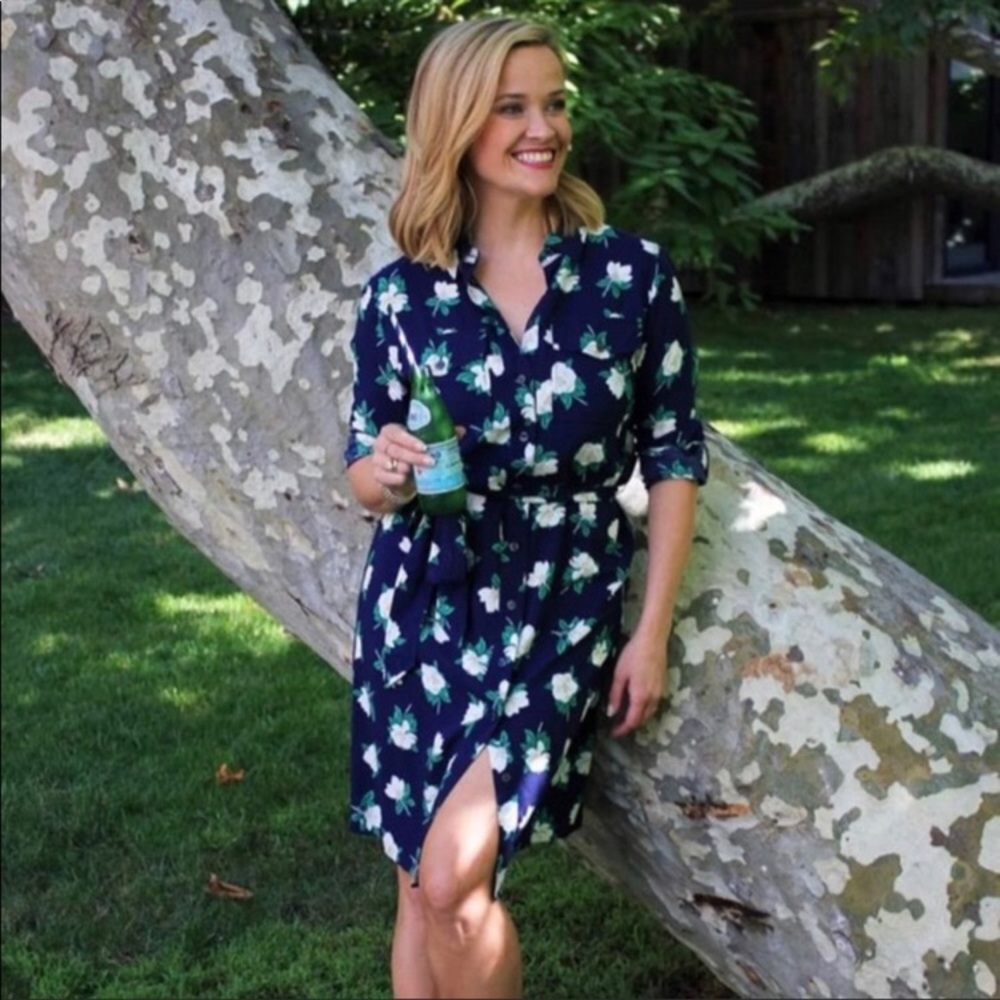 Draper James Magnolia Navy Floral Tie Shirt Dress